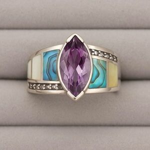 Amethyst, topaz & abalone silver ring - vintage Whitney Kelly